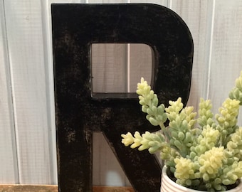 Large letter R in Soft Black ~~ Twelve Inch Letter  ~~ Sturdy Paper Mache ~~ Free Standing ~ Cottage ~ Distressed Letter ~ Farmhouses Decor