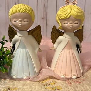 Vintage Choir Angels ~ Ceramic Christmas Angels ~ Pair of Singing Angels ~ Christmas Decor ~ Blue and PInk ~ Hand Painted ~ 1980s ~ Angles