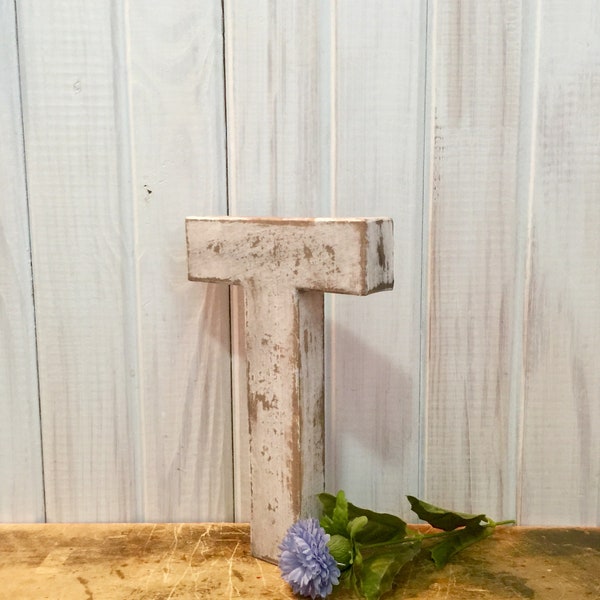 Letter T in Soft White ~  Cottage Chic and Distressed ~  Primitive with Black Accents ~Sturdy Paper Mache ~ Choose your letter and color!!!