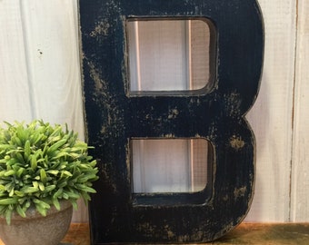 12 Inch Letter B in Navy Blue ~ Twelve Inches Tall Free Standing Paper Mache ~ Distressed with Black Accents