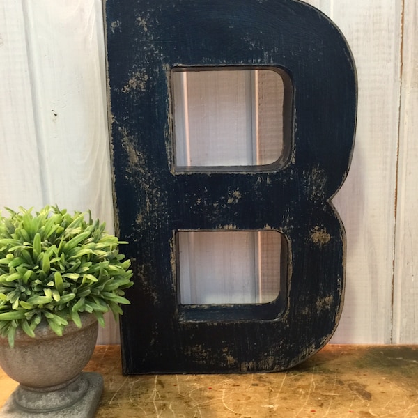 12 Inch Letter B in Navy Blue ~ Twelve Inches Tall Free Standing Paper Mache ~ Distressed with Black Accents