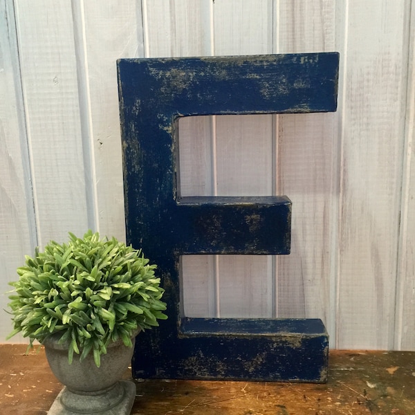 Letter E in Navy Blue ~ Twelve Inches Tall Free Standing Paper Mache ~ Wall Mount Letter ~ Distressed  with Black Accents ~ Wooden Letter