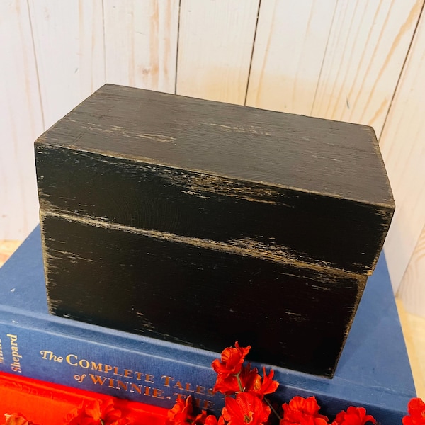 Scatola per ricette in legno nero morbido con cerniere ~ Scatola per ricette anticata ~ Scatola portaoggetti in legno ~ Scatola di cartone ~ Stile rustico ~ Scatola nera morbida ~ Cucina