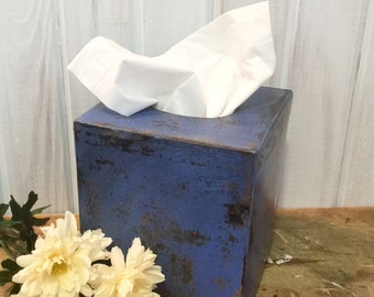 Tissue Box in Cornflower Blue ~ Square Tissue Box Holder ~ Paper Mache ~ Distressed ~ Cottage ~ Primitive ~ bedroom ~ dorm room ~ bathroom