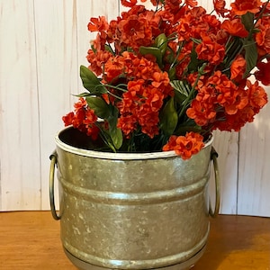 Rustic Galvanized Metal Container Bucket ~ Vintage Inspired Metal Planter ~ Metal Bucket with Brass Colored Handles ~ Planter with White Rim