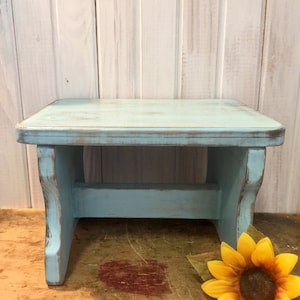 Distressed Wooden Stool in Bird Egg Blue ~ Choose your Color ~ Cottage Step Stool ~ Vintage Inspired Wooden Stool ~ Shabby Plant Stand