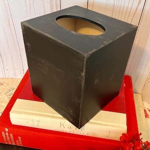 Wooden Tissue Box Cover in Soft Black ~ Square Tissue Box Holder~ Distressed ~ Cottage~ Primitive ~ bedroom ~ dorm room ~ bathroom