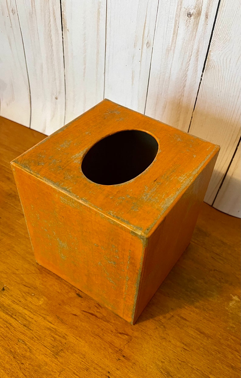 Burnt Orange Tissue Box Keenex Holder Square Tissue Box Holder Paper Mache Distressed Primitive bedroom dorm room bathroom image 4