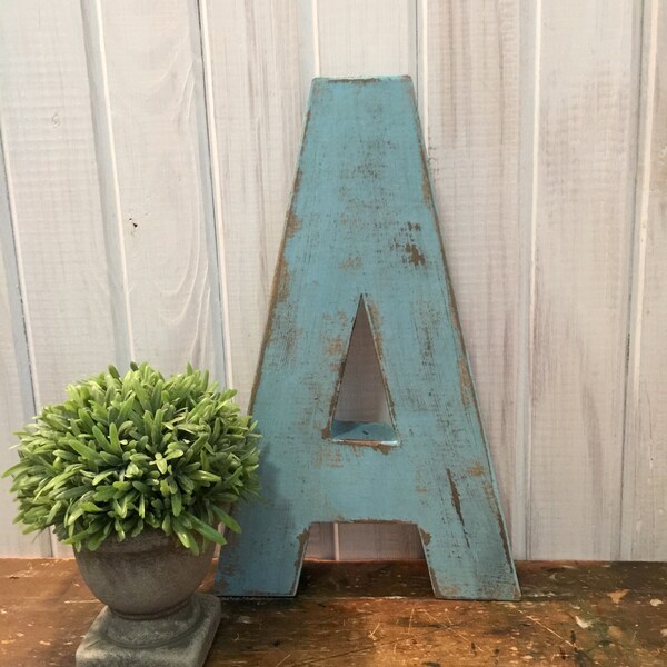 Letter A in Bird Egg Blue~ Twelve Inches Tall Free Standing Paper Mache~ Distressed~ Cottage~ Wooden Letter~ Pick your letter