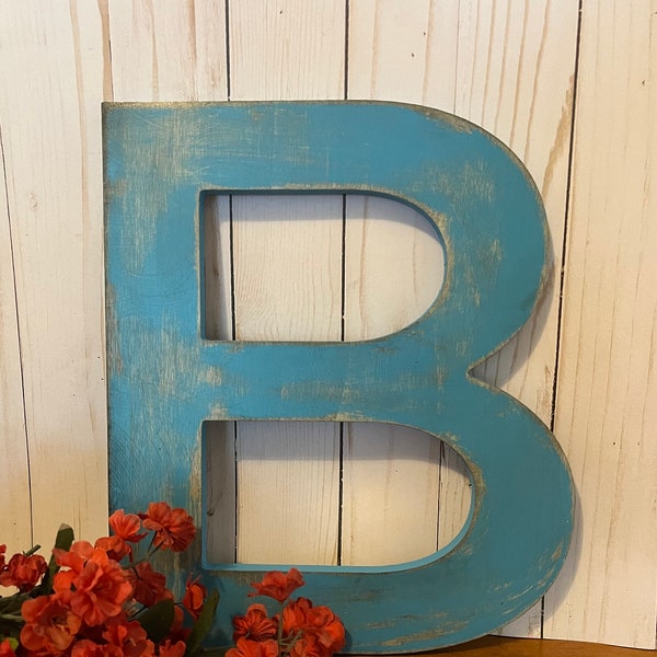 12 Inch Letter B in Turquoise ~ 12 Inch Wooden Letter ~ Wall Mount ~ Cottage Chic and Distressed Pick your Letter and Color ~ Wooden Letter