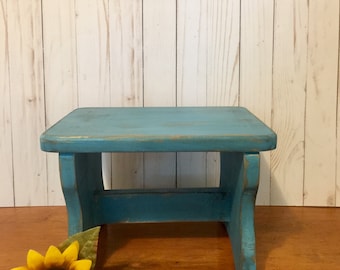 Distressed Wooden Stool in Turquoise ~ Choose your Color ~ Cottage Step Stool ~ Vintage Inspired Wooden Stool ~ Shabby Plant Stand