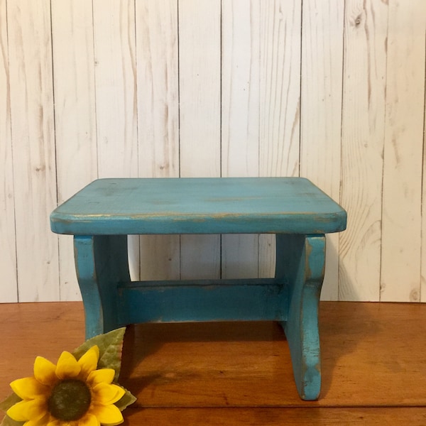 Distressed Wooden Stool in Turquoise ~ Choose your Color ~ Cottage Step Stool ~ Vintage Inspired Wooden Stool ~ Shabby Plant Stand