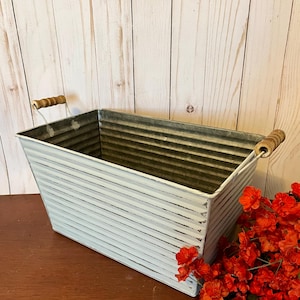 Vintage Inspired Rectangular Galvanized Bucket ~ Metal Planter in Soft Grey ~ Distressed Ribbed Bucket with Wooden Handles ~ Fall Decor