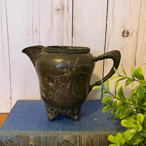 Old Silver Creamer ~ Antique Creamer with Etchings ~ Vintage Creamer with Handle and fancy feet ~ Tons of Character ~ Beautiful Silver~Vase