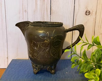 Old Silver Creamer ~ Antique Creamer with Etchings ~ Vintage Creamer with Handle and fancy feet ~ Tons of Character ~ Beautiful Silver~Vase