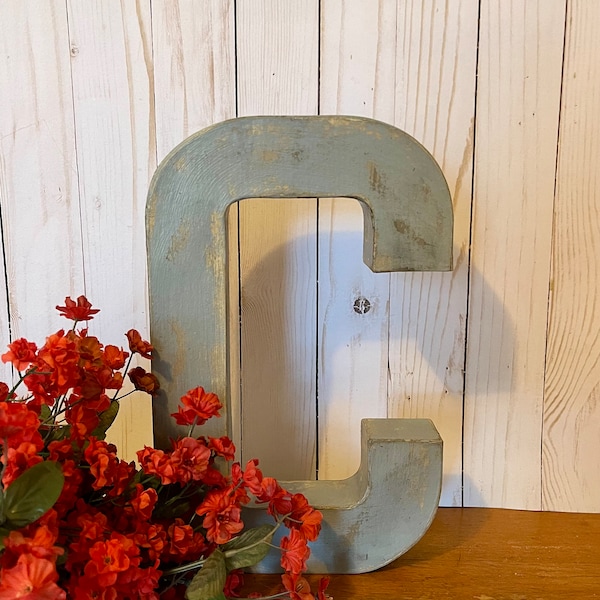Letter C in Soft Grey ~ Twelve Inches Tall Free Standing Paper Mache ~ Wall Mount Letter ~ Distressed  with Black Accents ~ Wooden Letter