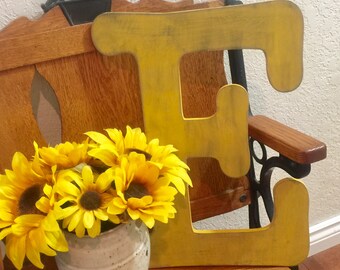 Letter E in Mustard Yellow ~~ 18 Inch letter ~~ Cottage Chic and Distressed Pick your Letter and Color ~~ Wooden Letter ~ Wooden Numbers