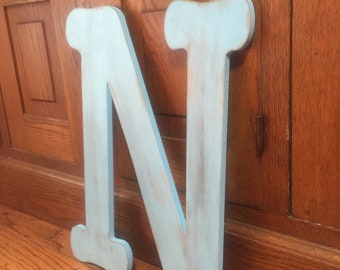 Letter N in Bird Egg Blue ~~ 18 Inch letter ~~ Cottage Chic and Distressed Pick your Letter, Number, and Color ~~ Wooden Letter or Number