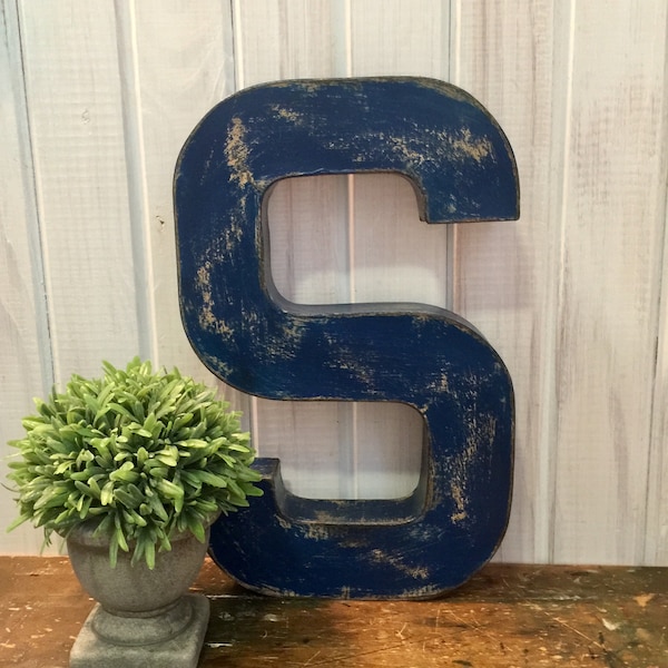 Letter S in Navy Blue ~ Twelve Inches Tall Free Standing Paper Mache ~ Vintage Inspired ~ Distressed ~ Wall Mount Letter ~ pick your letter