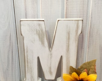 Wooden Letter M in Soft White ~ Distressed Letter ~ Wall Hanging Letter~ Shelf Letter ~ 8 Inch Letter ~ Wooden Number