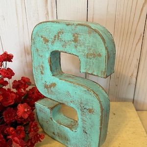 Eight Inch Letter S in Bird Egg Blue ~ Distressed Letter ~ Sturdy Paper Mache ~ Choose your letter and color ~ Numbers Too ~ Free Standing