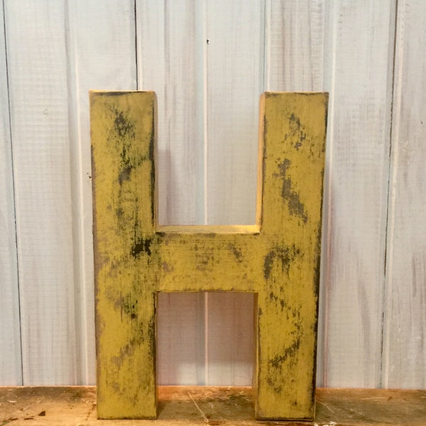 Letter H in Mustard Yellow ~ Twelve Inches Tall Free Standing Paper Mache ~ Distressed ~ Cottage ~ Vintage Inspired ~ Black Accents