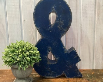 Ampersand in Navy Blue ~ Twelve Inches Tall Free Standing Paper Mache ~ Wall Mount Letter ~ Distressed  with Black Accents ~ Wooden Letter