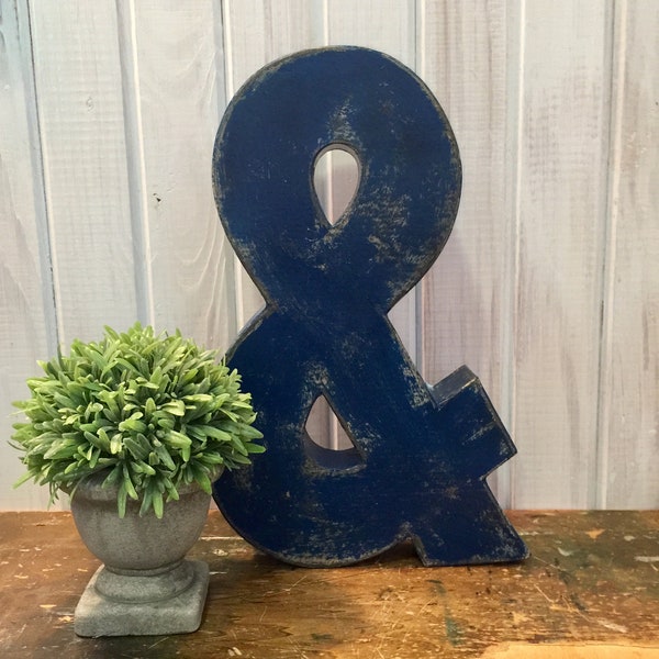 Ampersand in Navy Blue ~ Twelve Inches Tall Free Standing Paper Mache ~ Wall Mount Letter ~ Distressed  with Black Accents ~ Wooden Letter