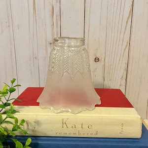 Può includere: Un paralume in vetro trasparente con un design smerigliato a forma di campana. Il paralume presenta un motivo dettagliato attorno alla parte superiore e un fondo svasato. Poggia su una pila di libri con il titolo "Kate remembered".