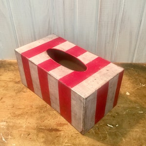 Tissue Box in Soft White with Red Stripes ~ Rectangular Tissue Box Holder ~ Paper Mache ~ Distressed ~ Large Box~ bedroom dorm room bathroom