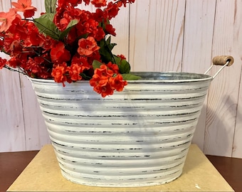 Vintage Inspired Oval Galvanized Bucket ~ Metal Planter in Soft White ~ Distressed Ribbed Bucket with Wooden Handles ~ Choose your color