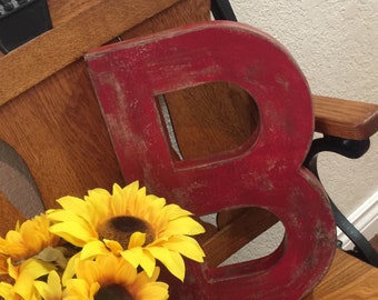 Letter B ~~ 16 Inches Tall ~~ Fire Engine Red ~~ Cottage Decor ~~  Distressed with Black Accents ~~ Sturdy Paper Mache