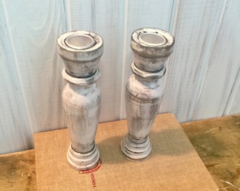 Vintage Inspired Wooden Candle Holders ~ Pair of White Candle Sticks ~ Distressed and Shabby ~ Centerpiece ~ Wedding ~ Dinner Party