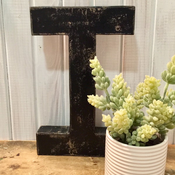 Letter I in Soft Black ~ Twelve Inches Tall Free Standing Paper Mache ~ Distressed    with Black Accents