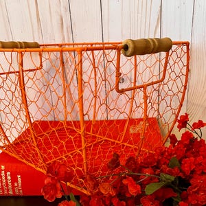 Vintage Inspired Wire Basket in Glossy Burnt Orange~ Wire Basket with Wooden Handles~ Egg Basket~ Kitchen Storage~ Fruit Basket~Bath Storage