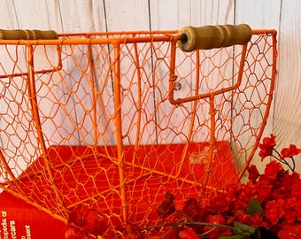 Vintage Inspired Wire Basket in Glossy Burnt Orange~ Wire Basket with Wooden Handles~ Egg Basket~ Kitchen Storage~ Fruit Basket~Bath Storage