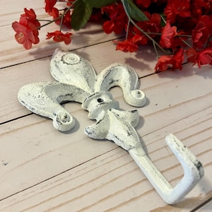 Vintage Inspired Fleur de Lis Wall Hook ~ Fleur de Lis Wall Hanger ~ Distressed Cast Iron ~ Metal Wall Hook ~ Choose your color ~ Soft White
