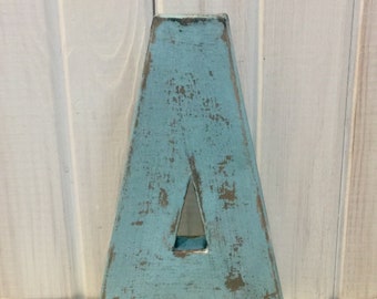 Vintage Inspired Letter A in Bird Egg Blue ~ Cottage and Distressed ~ with Black Accents ~ 8" Sturdy Paper mache