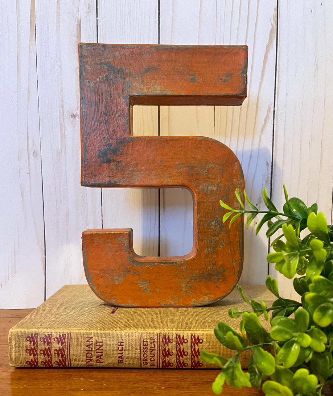 8 Inch Number 5 in Burnt Orange ~ Distressed With Black Accents ...