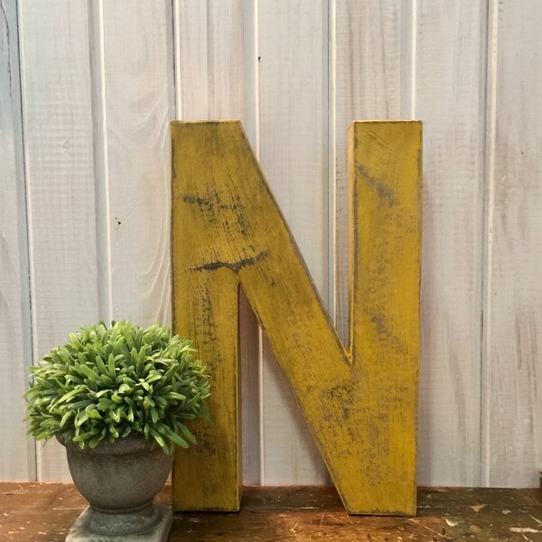 Letter N in Mustard Yellow ~ Sturdy Paper Mache Letter ~ Twelve Inch Tall Letter ~ Distressed Letter ~ Wood ~ Pick your letter ~ Cottage