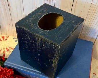 Navy Blue Tissue Box ~ Tissue Box Cover ~ Square Tissue Box Holder ~ Paper Mache ~ Distressed  ~ Primitive ~ bedroom  dorm room  bathroom