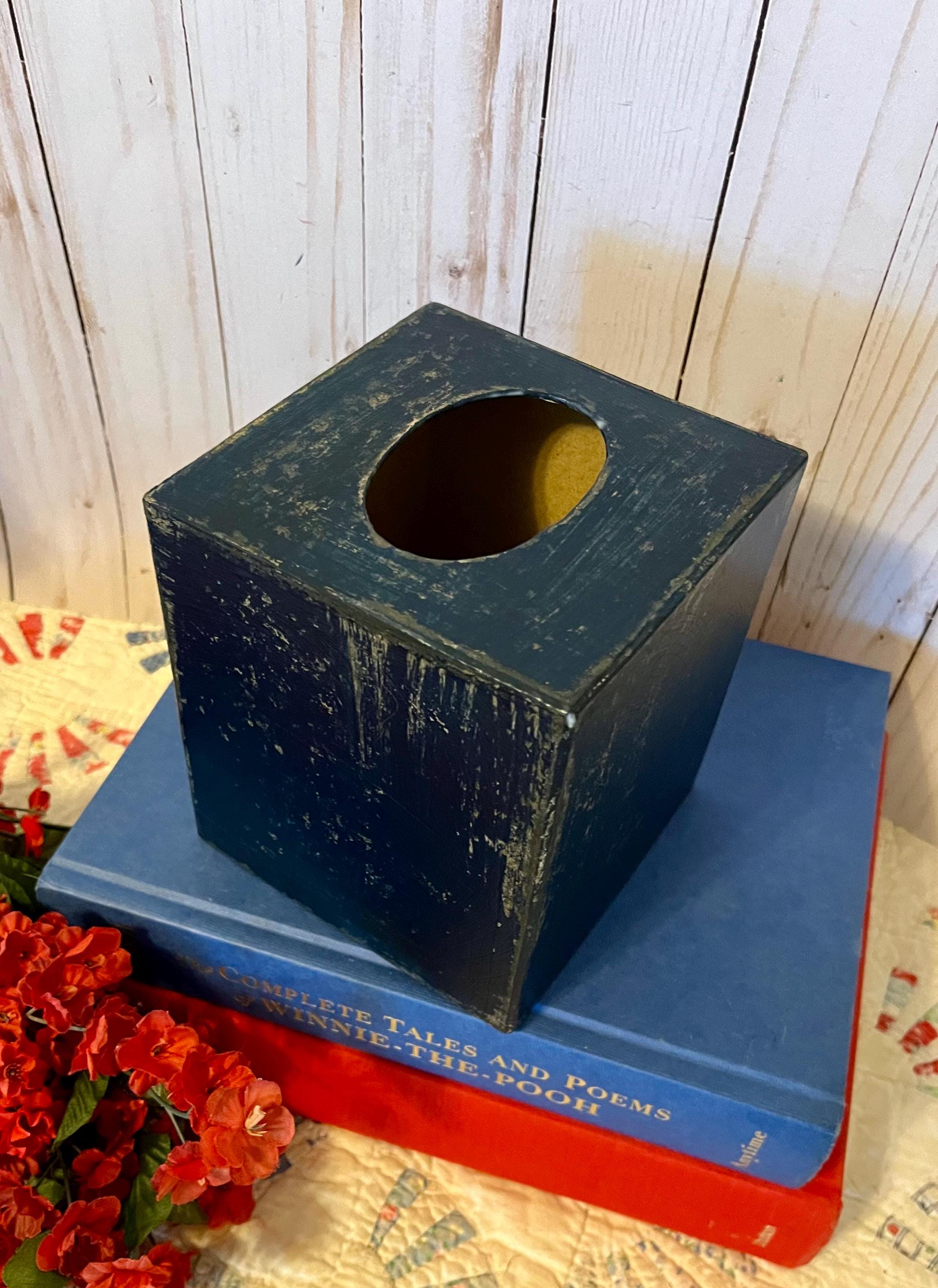 Navy Blue Tissue Box ~ Tissue Box Cover ~ Square Tissue Box Holder ~ Paper Mache ~ Distressed ~ Primitive ~ bedroom dorm room bathroom