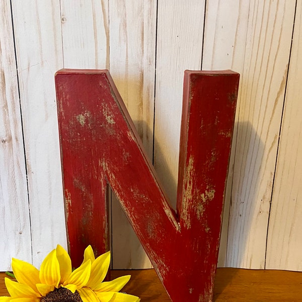 Twelve Inch Letter N in Fire Engine Red ~ Twelve Inches Tall Free Standing Paper Mache ~ Distressed ~ Paper Mache Letter ~ Wooden Letter