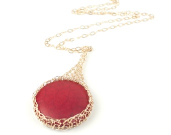 RED Howlite pendant necklace, red stone necklace
