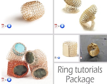 How to crochet 5 different ring designs, learn professional jewelry making with wires, PDF patterns wiht video instructions, patterns pack