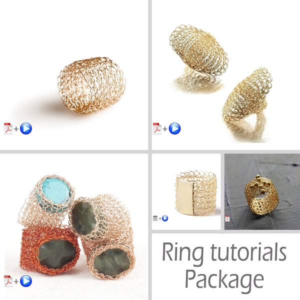 How to crochet 5 different ring designs, learn professional jewelry making with wires, PDF patterns wiht video instructions, patterns pack