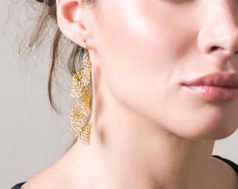 Volume gold wire crochet earrings -  infinity earrings -  elegant swirl knitted gold earrings glamorous jewellery long dangle earrings