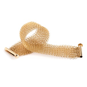 Knit Narrow gold cuff bracelet, Wire crocheted bracelet, Knitted gold cuff,  Elegant Handmade bracelet, Unique jewelry