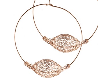 ROSE Gold extra large hoop earrings - handmade mesh bead - Wire Crocheted bubble wire work jewelry - Giant hoops - Unique hoop earrings