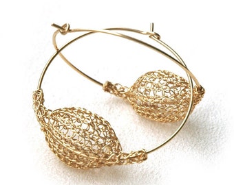 Handcrafted Gold Hoop Earrings with Crocheted Bubble Bead - Unique Statement Earrings